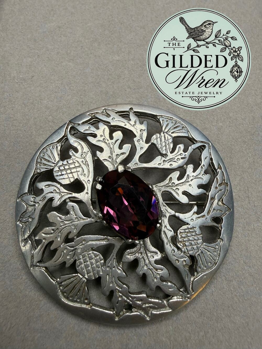 Vintage Art Pewter Scottish Thistle Brooch Purple Stone Scotland Celtic 2.3"